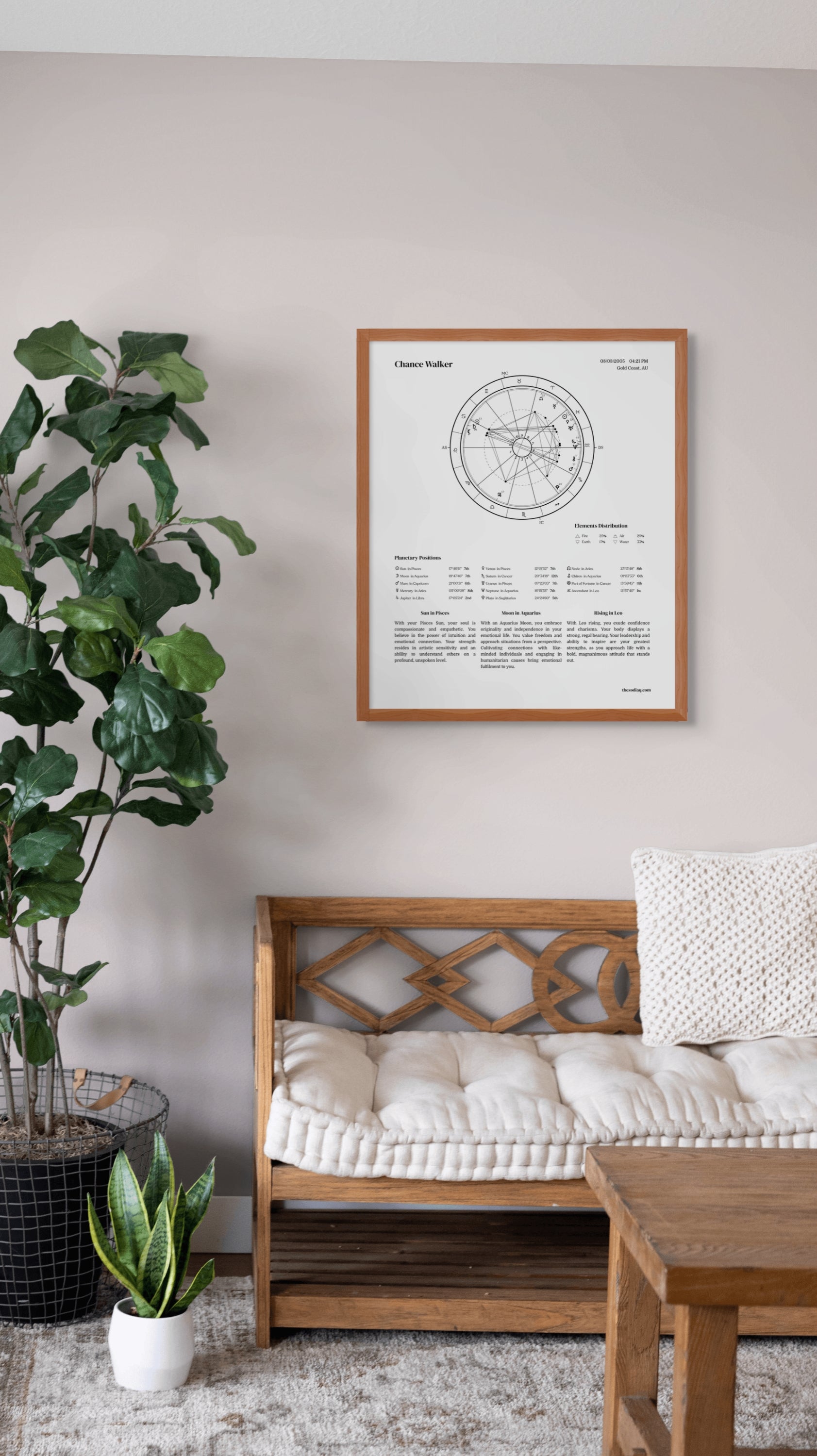 Living room with wooden bench, plant, and astrology natal chart framed poster on wall