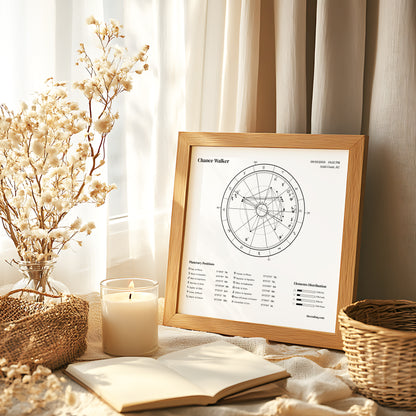 Framed minimalist natal chart leaning on a curtains beside flowers and candles