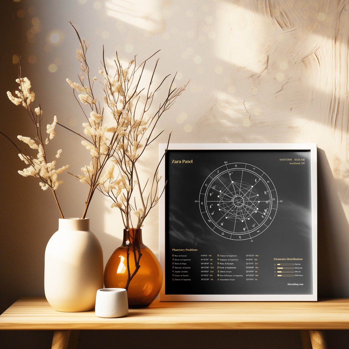Framed minimalist natal chart art leaning against wall beside flowers.