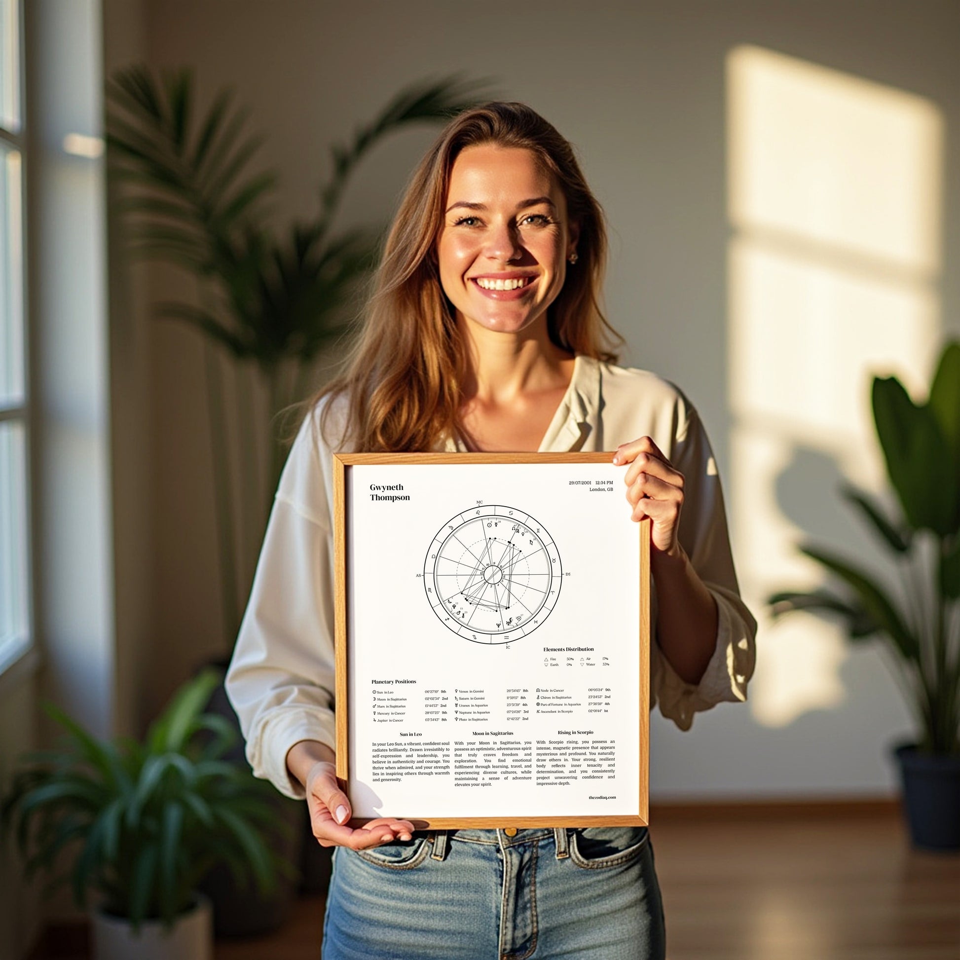 Happy woman holding her framed white detailed natal chart