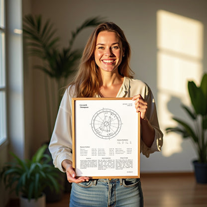 Happy woman holding her framed white detailed natal chart