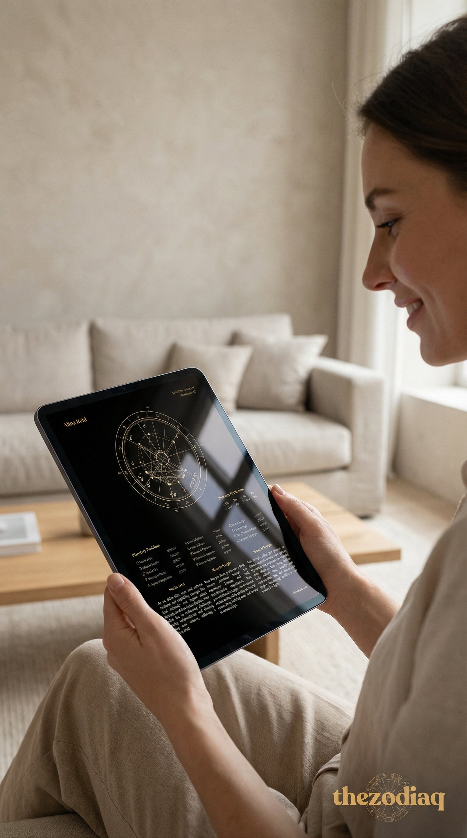 Woman using a tablet in a living room reading her birth chart