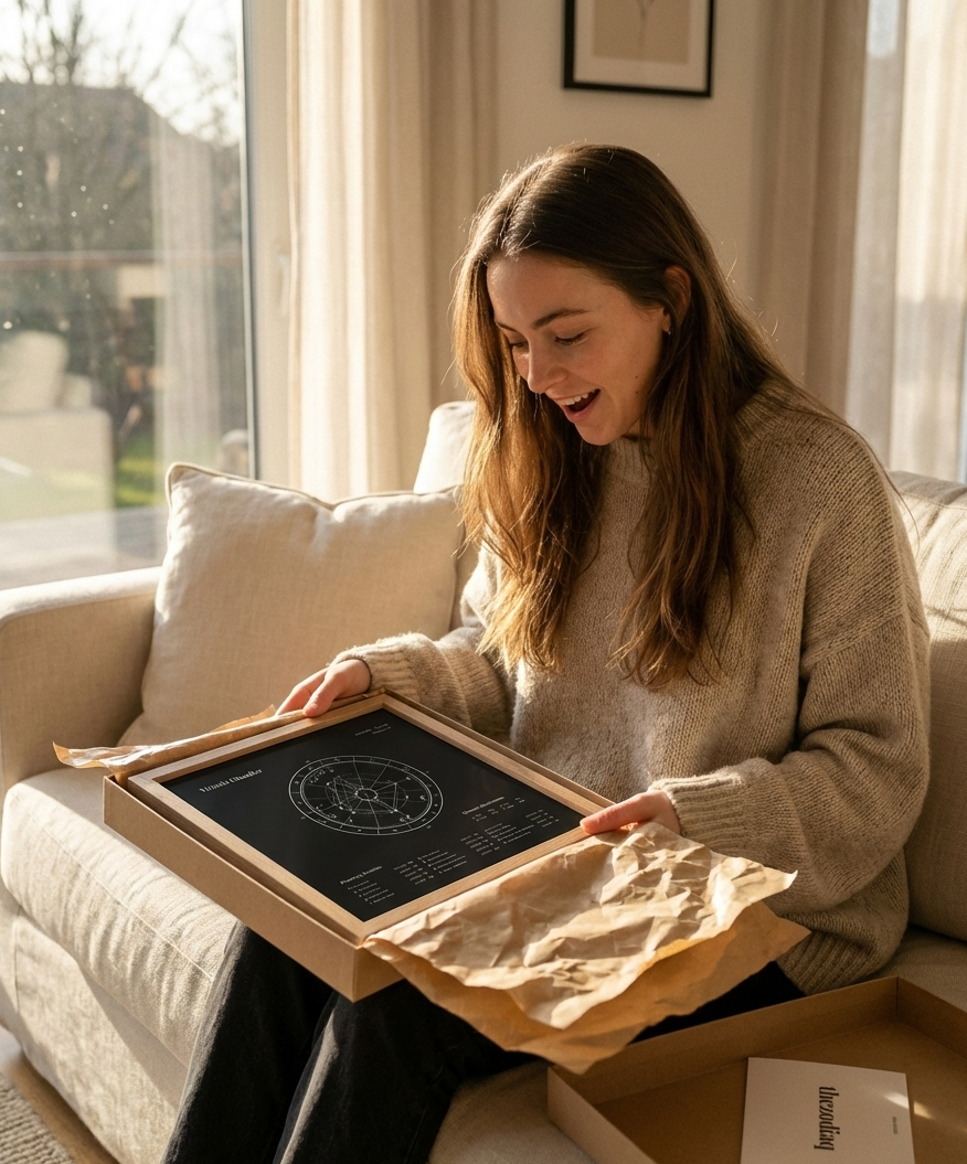 Woman sitting on a couch holding a framed black natal chart artwork in a bright living room.