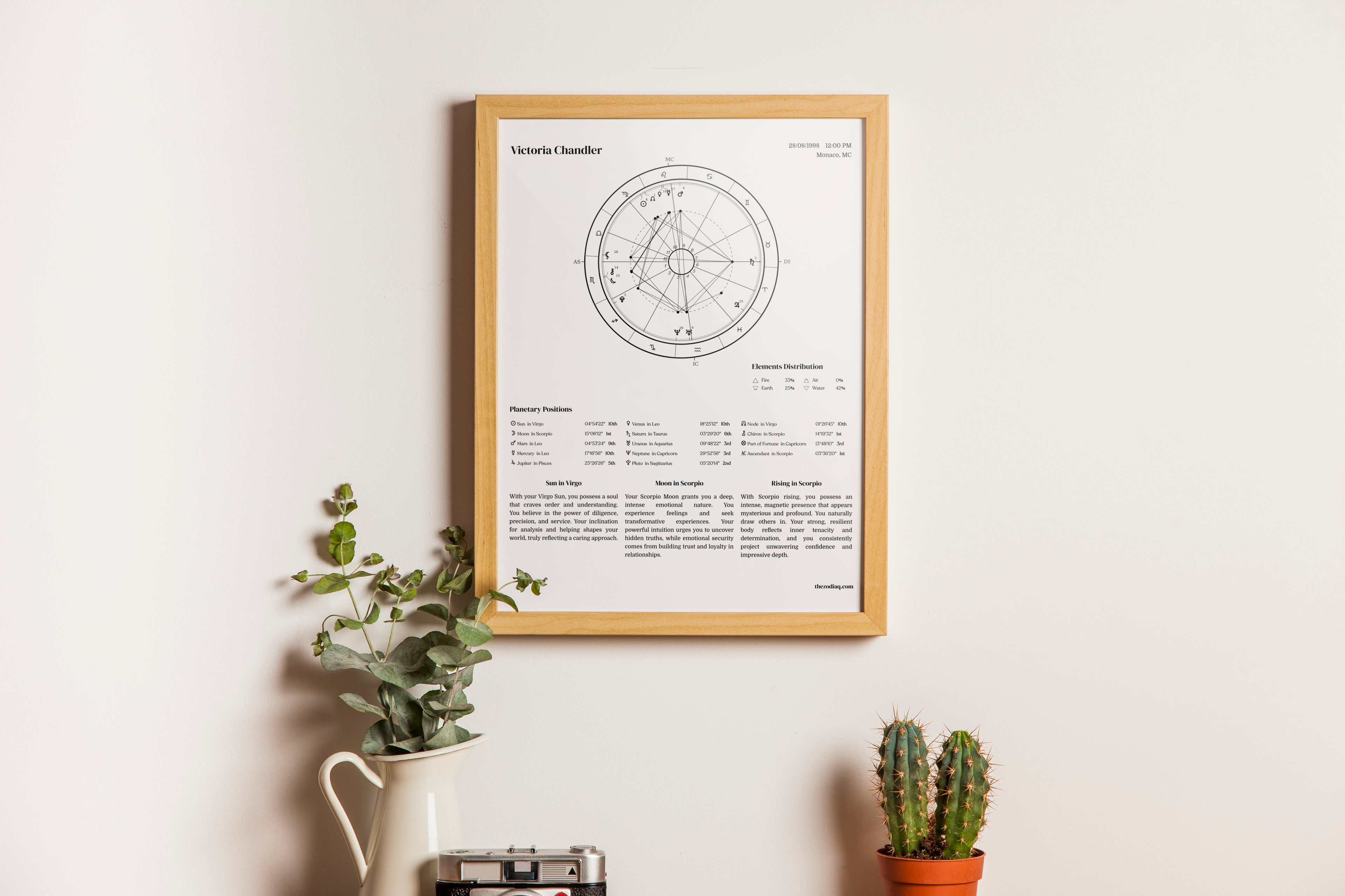Framed astrological chart on a wall with plants below