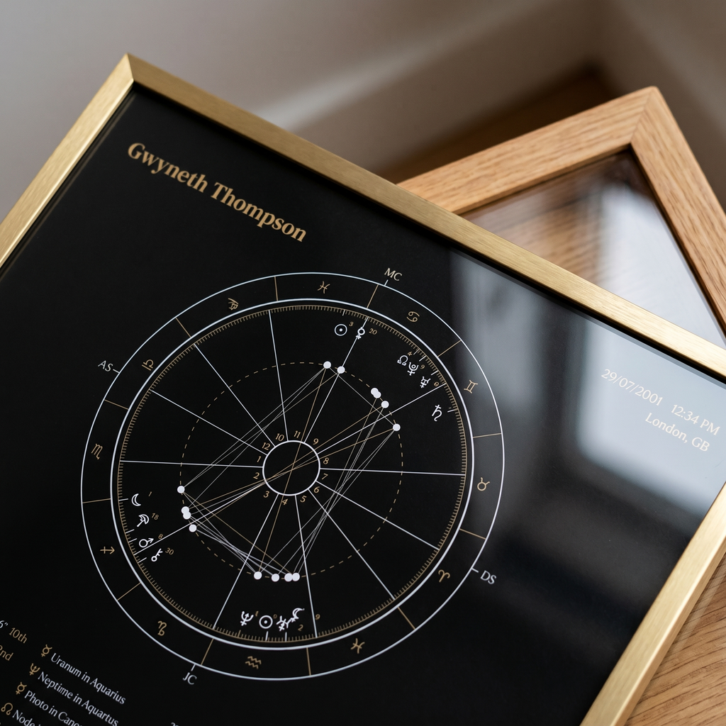 Framed astrological chart with personalized name 'Gwyneth Thompson' on a dark background.