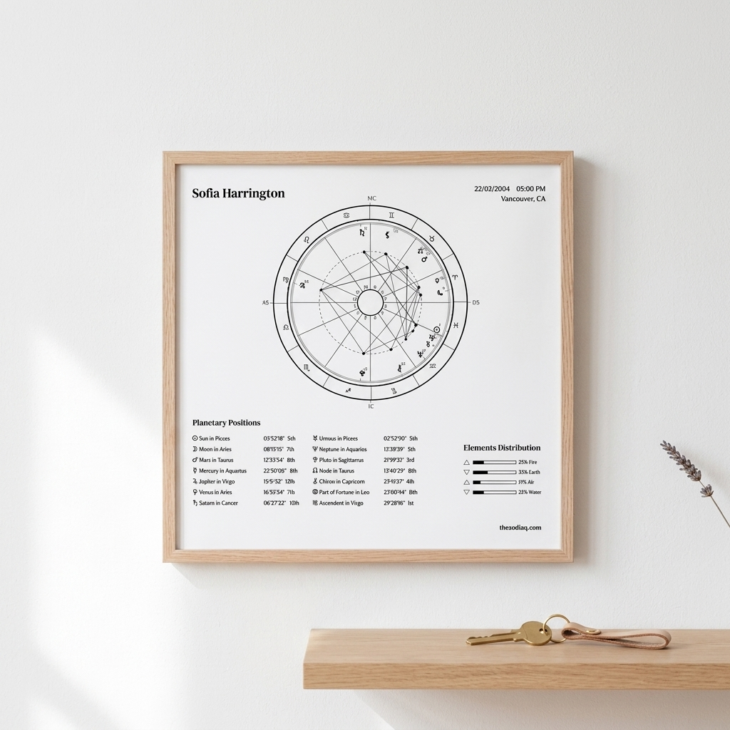 Framed astrological chart on a white wall