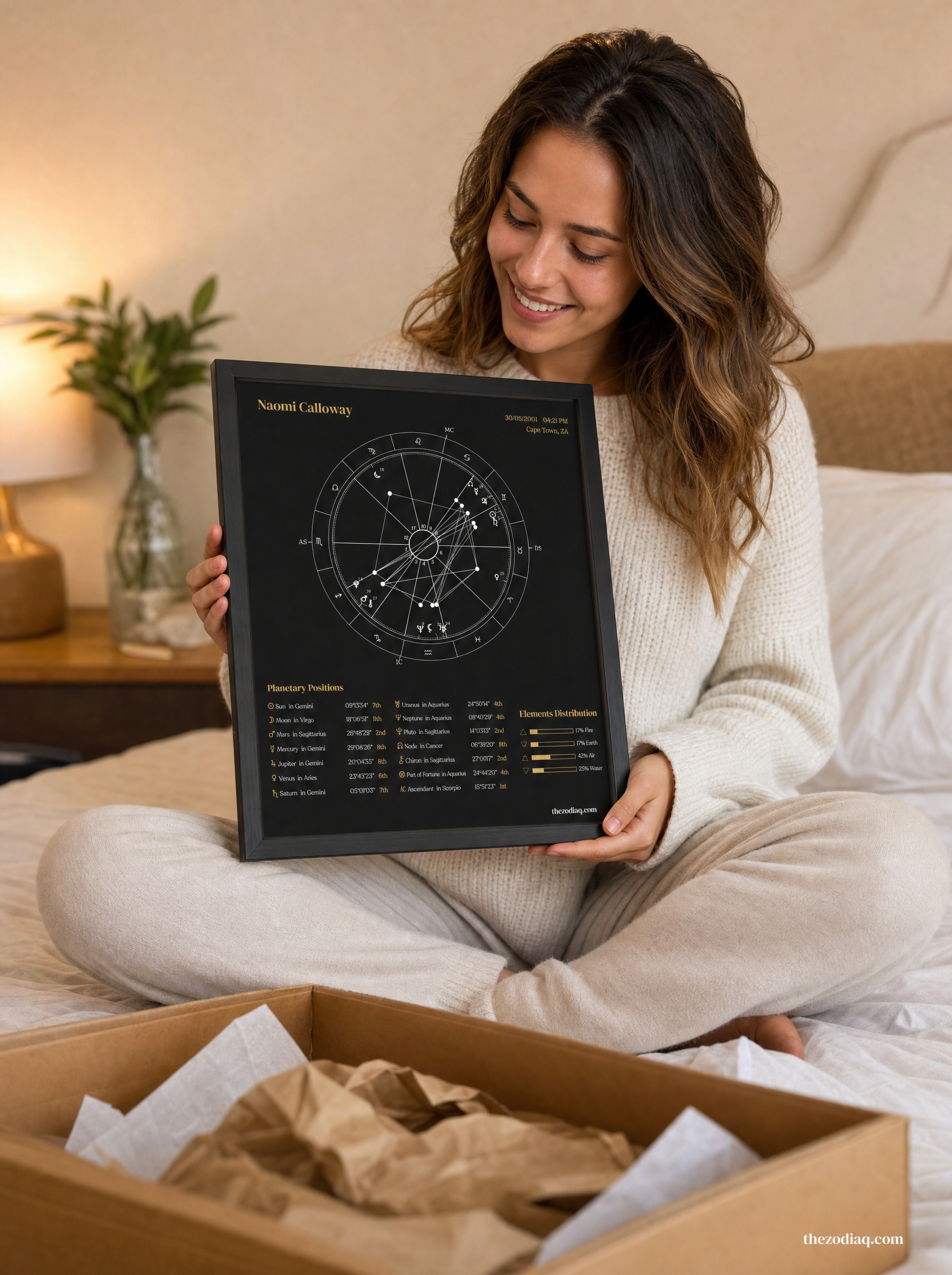 Woman holding a framed astrological chart in a cozy indoor setting